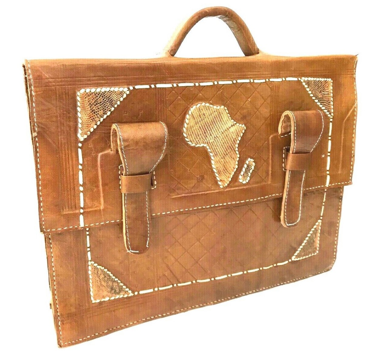 Hand Stitched Leather & Snakeskin Tooled Satchel Village Primitive Tan Unique