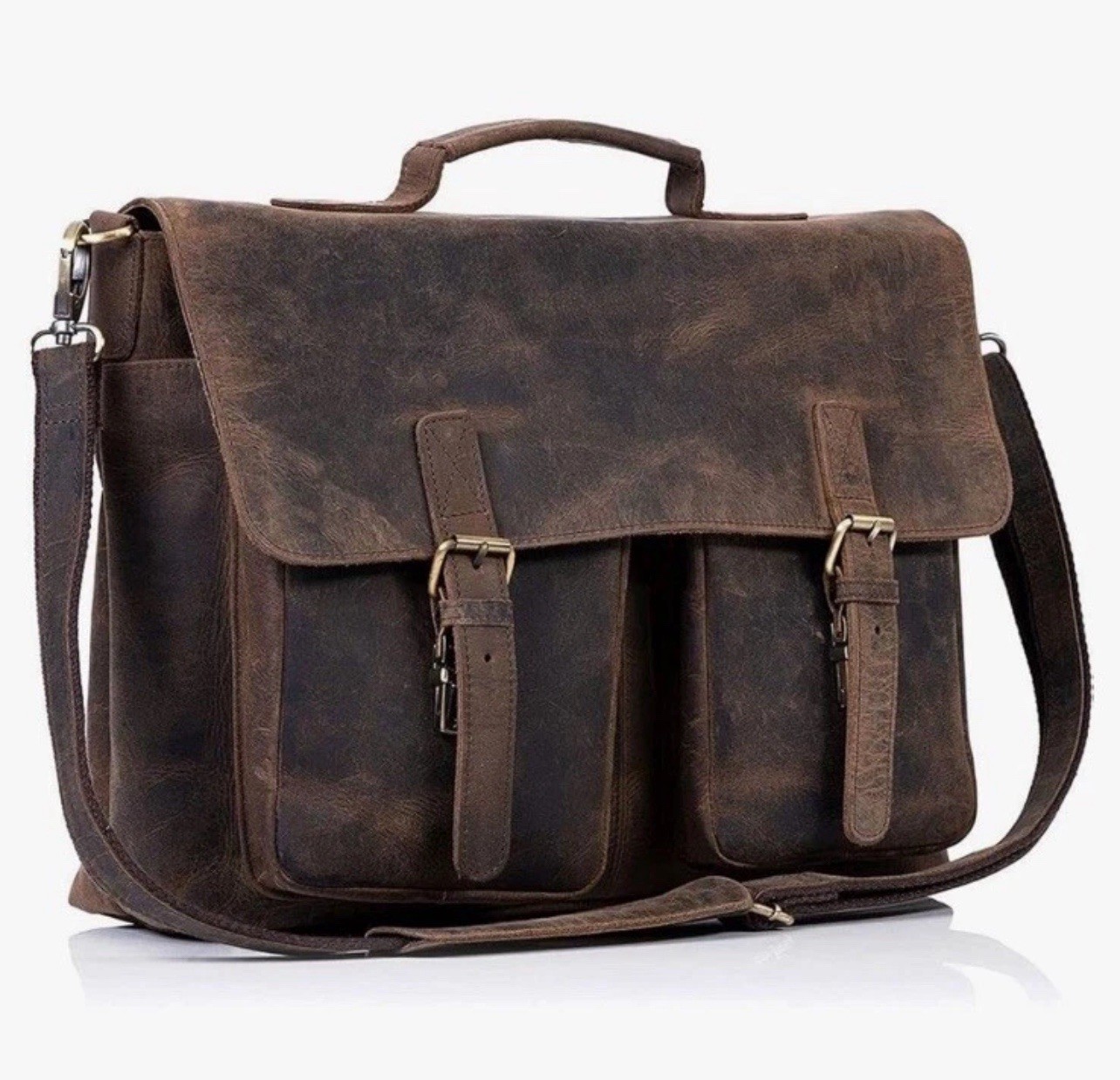 KomalC 16” Computer Messenger Bag Brown Distressed Leather Crossbody Strap