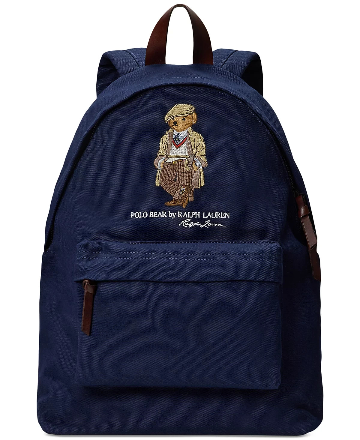Polo Ralph Laure Bear Backpack Canvas Leather Trim Navy Back Pack Bag NWT