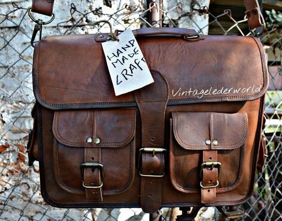 Goat Leather Messenger Real Satchel Men’s 15″ Bag Genuine Laptop Brown Briefcase