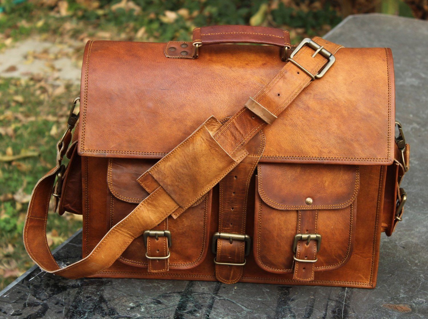 New Men’s Real Leather Vintage Brown Messenger Shoulder Laptop Bag Briefcase
