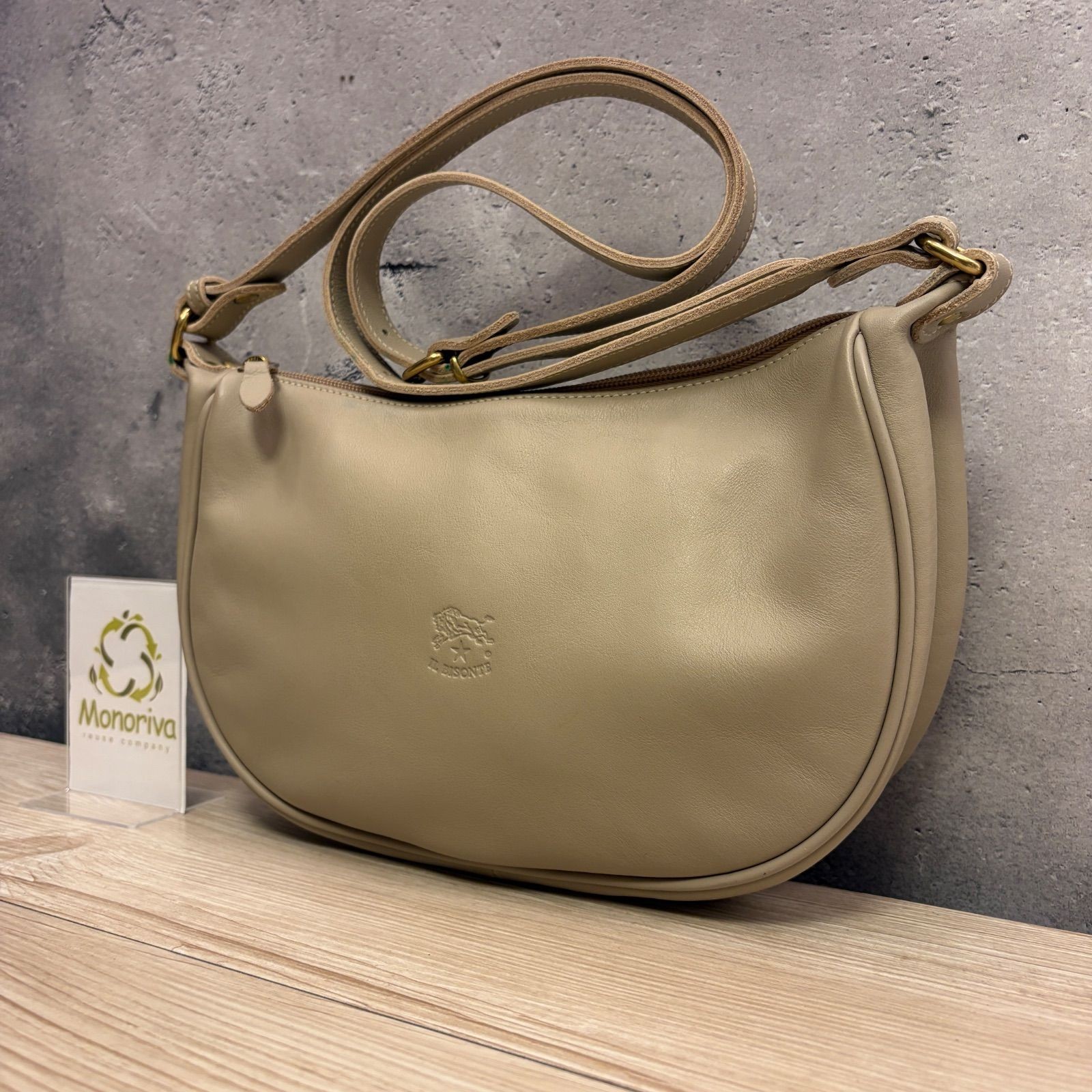 IL BISONTE Half Moon Shoulder Bag Leather Gray Beige Pre-owned Authentic