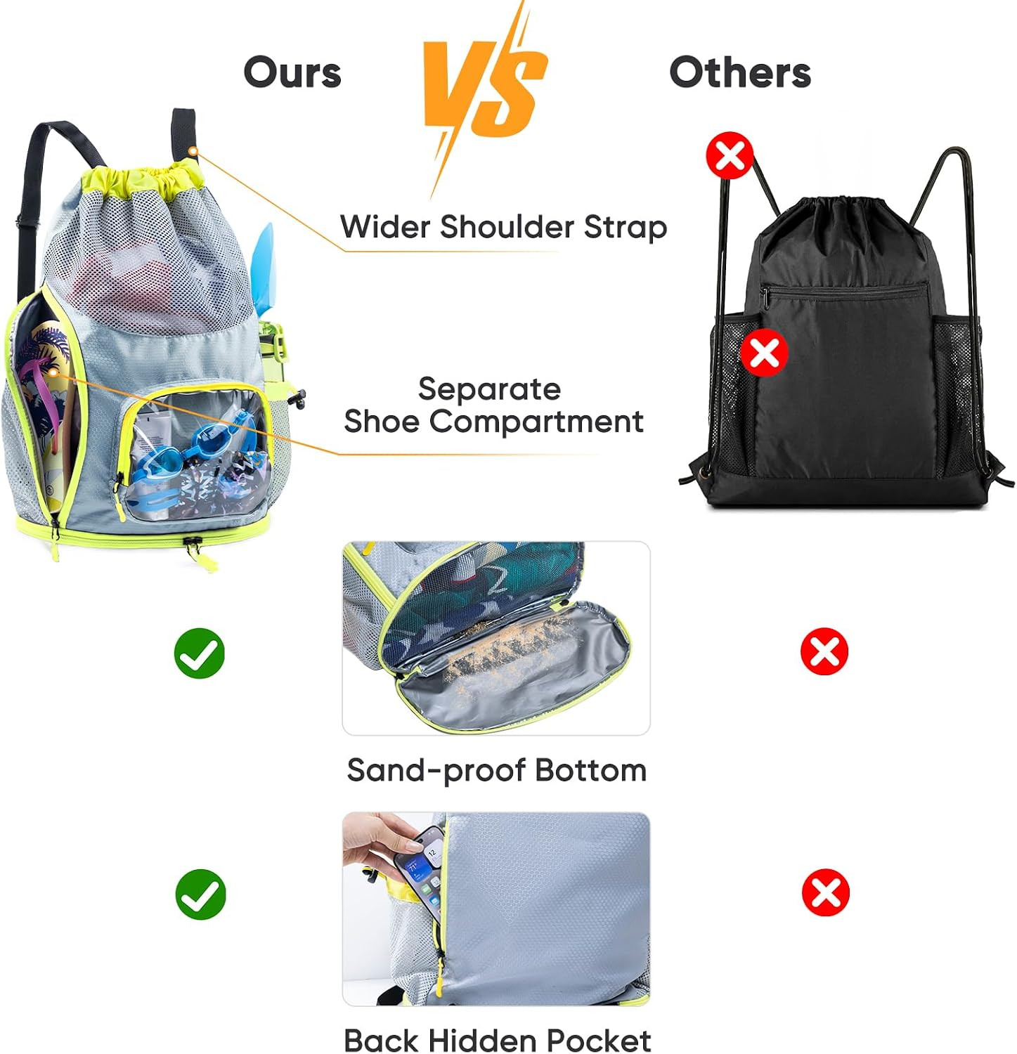 Mesh Drawstring Backpack with Shoe Compartment, Sandproof Beach Swim Bag