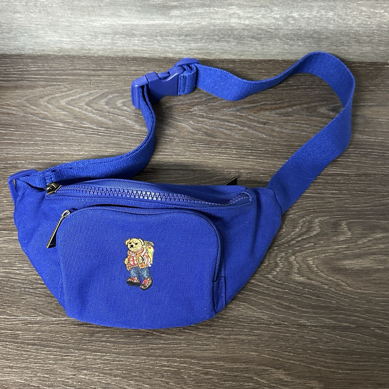 Polo Ralph Lauren Embroidered Polo Bear Canvas Fanny Pack Belt Bag Blue Rare New