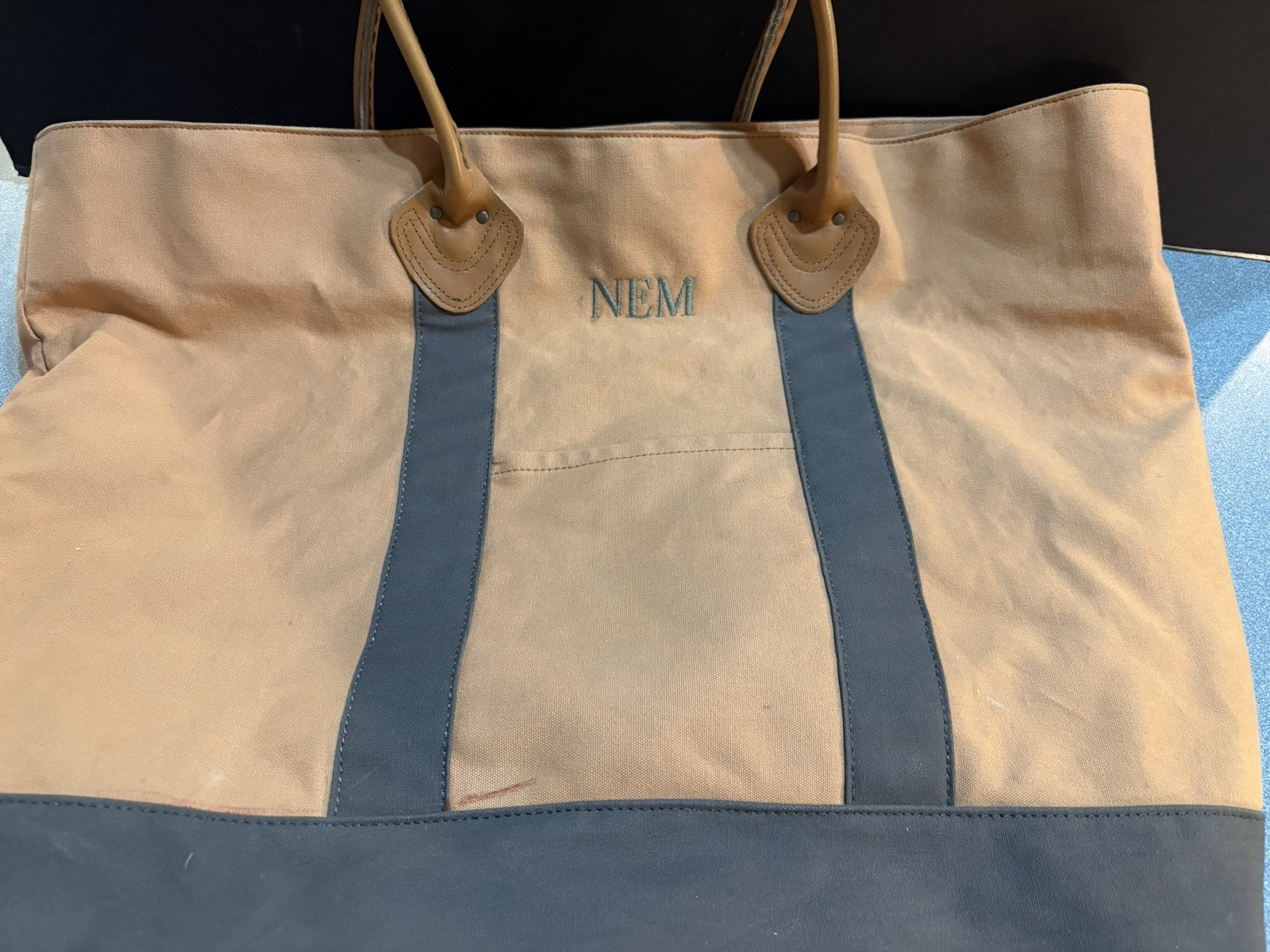 LL BEAN Vintage Boat & Tote Large Bag Kahaki & Olive Green Leather Handles