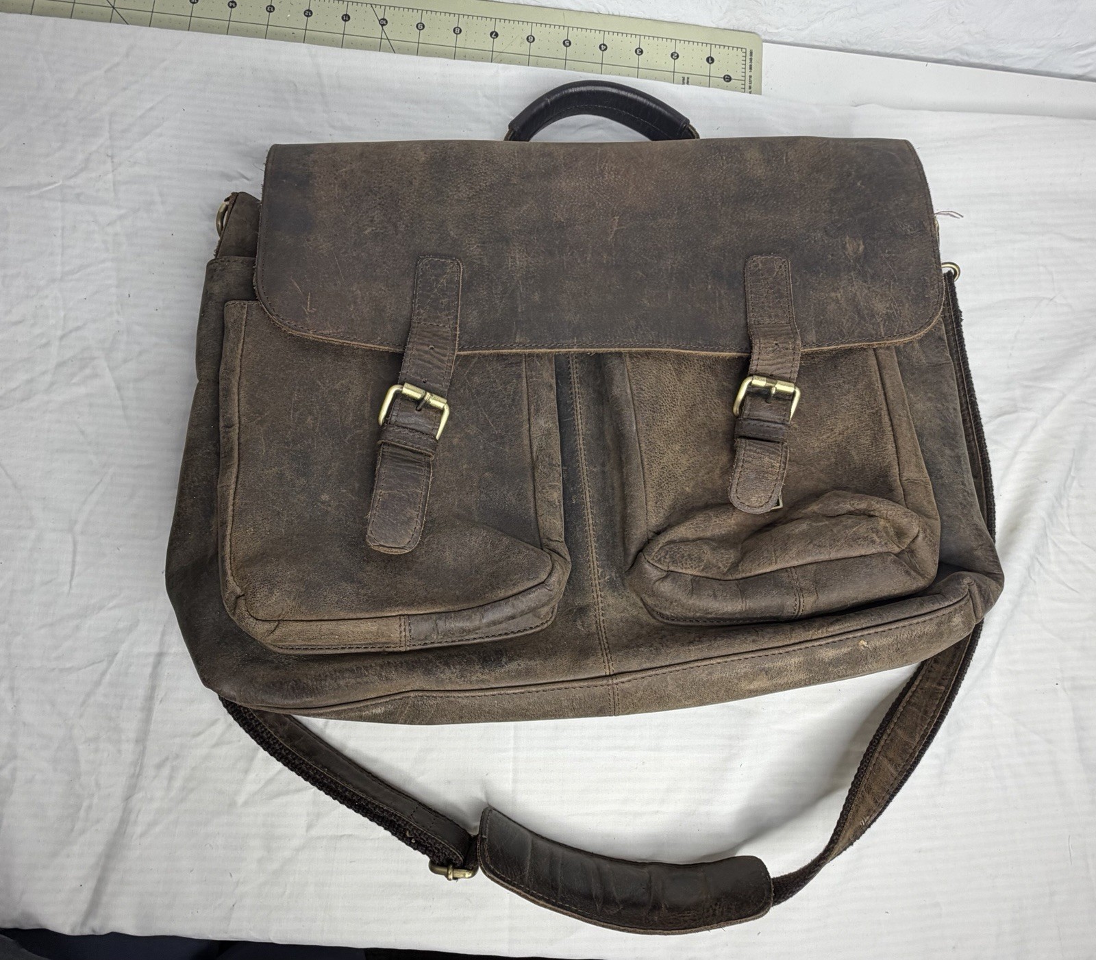 Komalc Full Grain Brown Distressed Leather Messenger Bag Computer Organizer