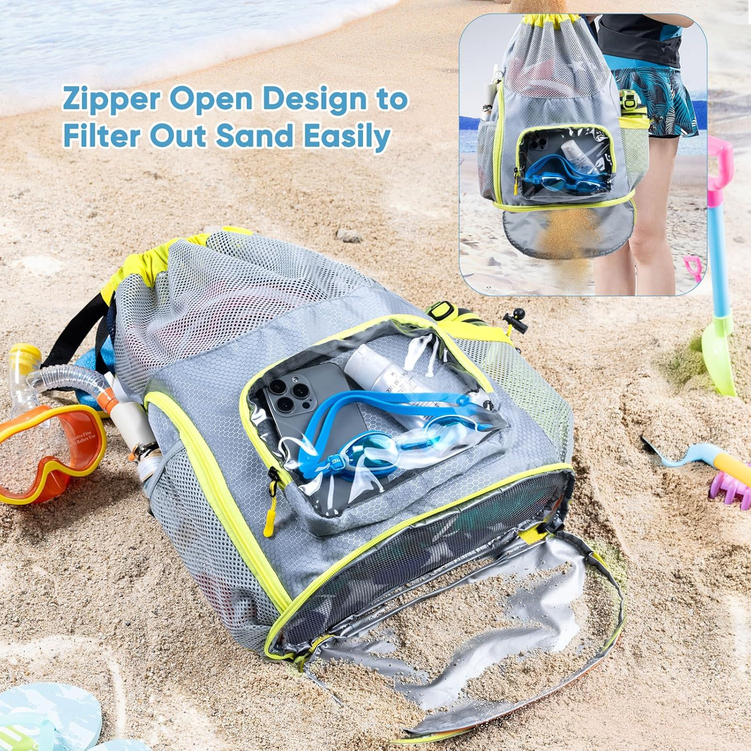 Mesh Drawstring Backpack with Shoe Compartment, Wet Pocket Beach Swim Bag