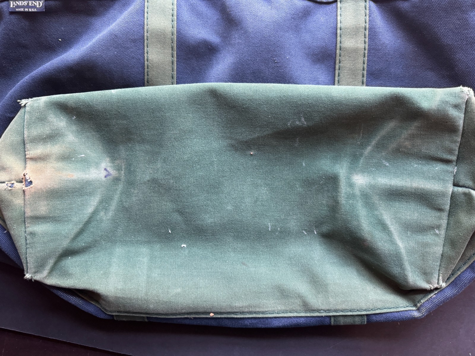 LANDS’ END HEAVY CANVAS ZIP TOTE LARGE 22X14 NAVY GREEN MADE IN USA