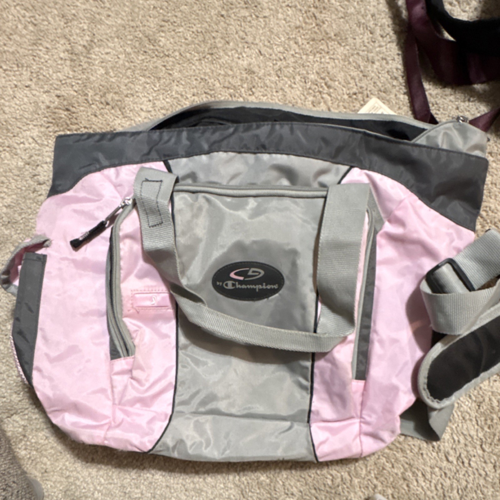 Champion Colorblock Gray Pink Black Duffle Bag Adjustable Strap Outer Pockets