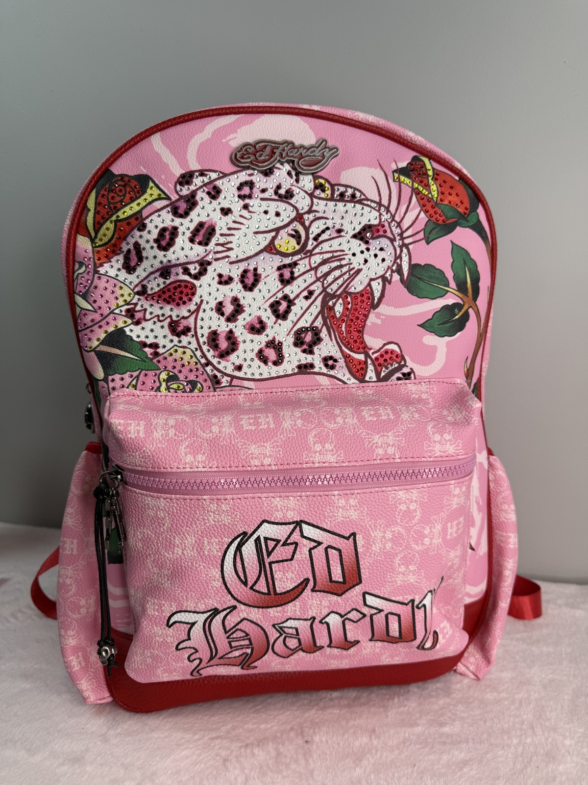 Ed Hardy Pink Monogram Rhinestone Leopard Tattoo Art Backpack Y2K