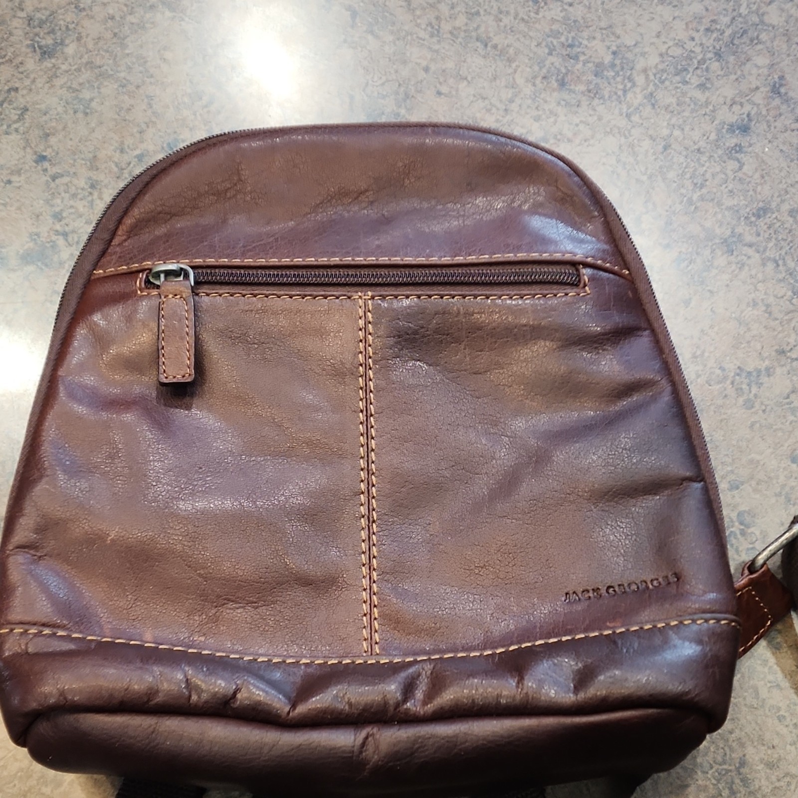 Jack Georges Brown Zip Backpack Leather w/ Striped inside Pattern Men’s 10×10
