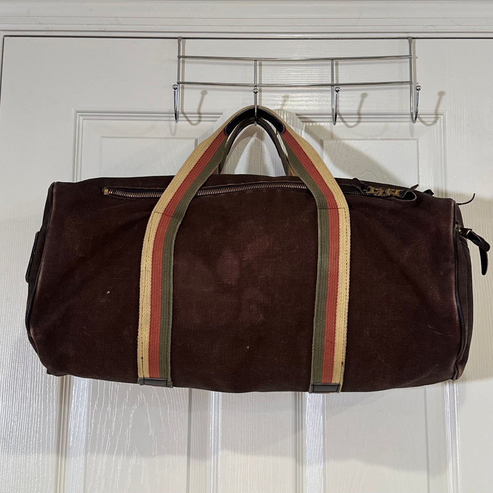 Boyt Vintage Duffle Bag Brown Canvas Striped Webbing Weekend Travel Luggage