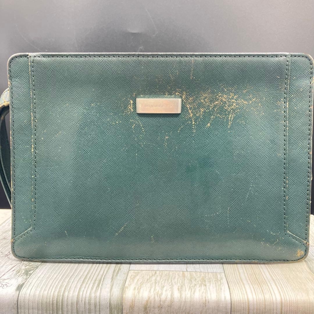 Authentic Burberry Leather Clutch Bag Green 25.7cm x 18cm x 6.5cm Damaged