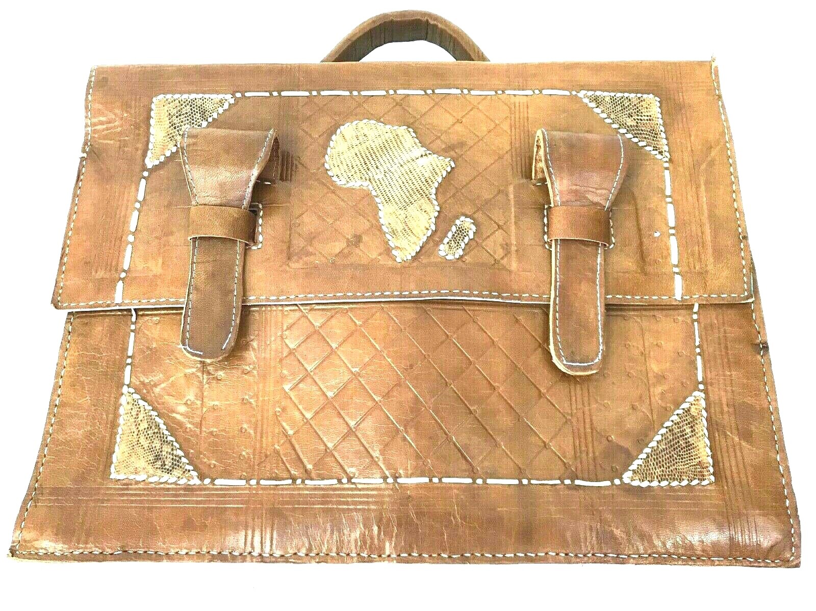 Hand Stitched Leather & Snakeskin Tooled Satchel Village Primitive Tan Unique