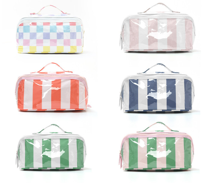 Large Striped Makeup Bag Waterproof PVC Cosmetic Case Travel Toiletry Organizer