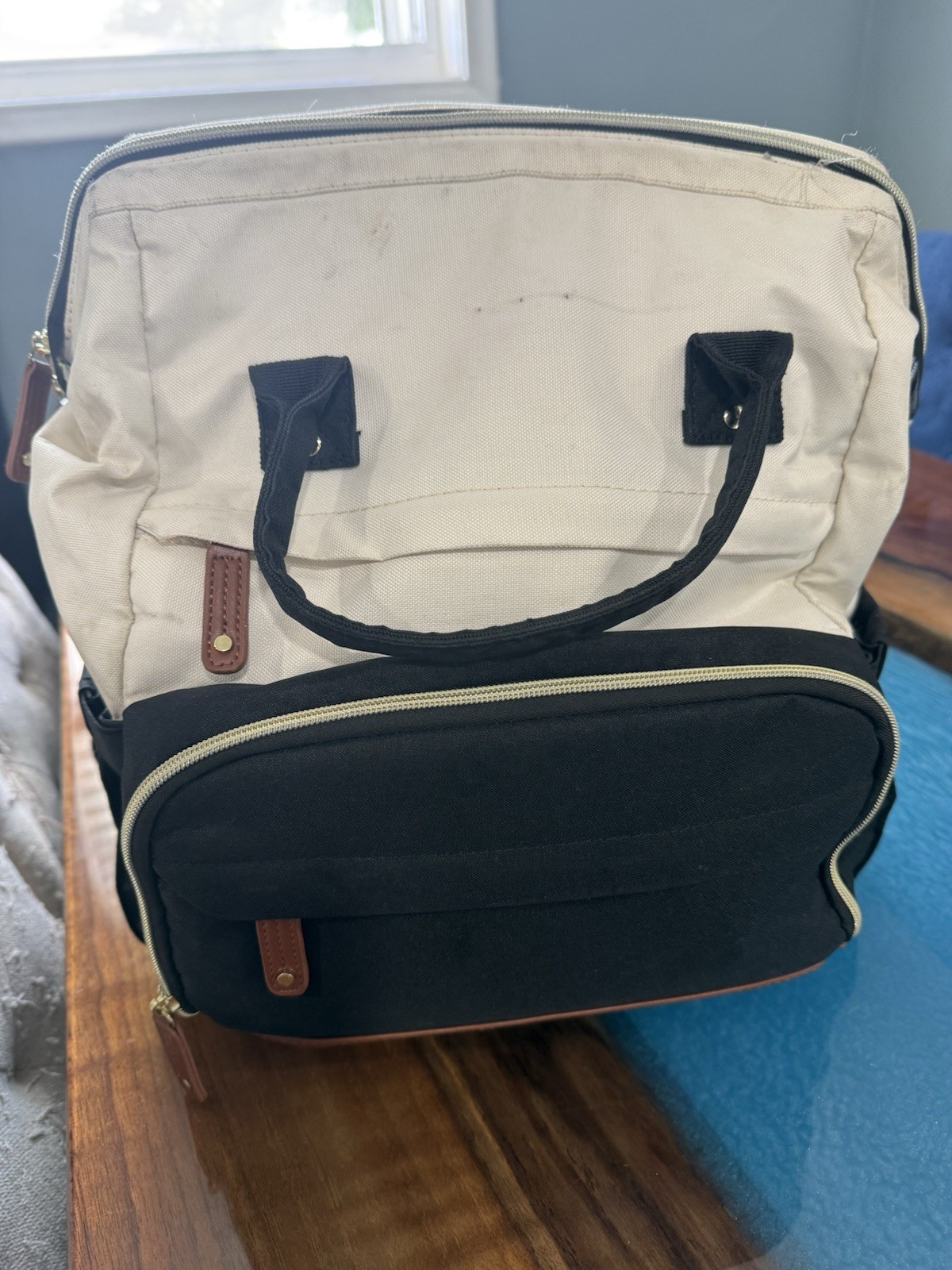 Lovevook Beige/Black Striped Backpack Zip Closure Top Handle Adjustable Strap