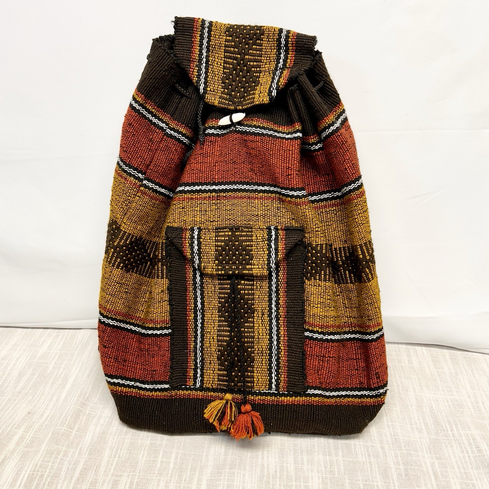 Backpack Made In Mexico Hand Woven Boho Bag 16” Yellow Red Black Rasta Pocket