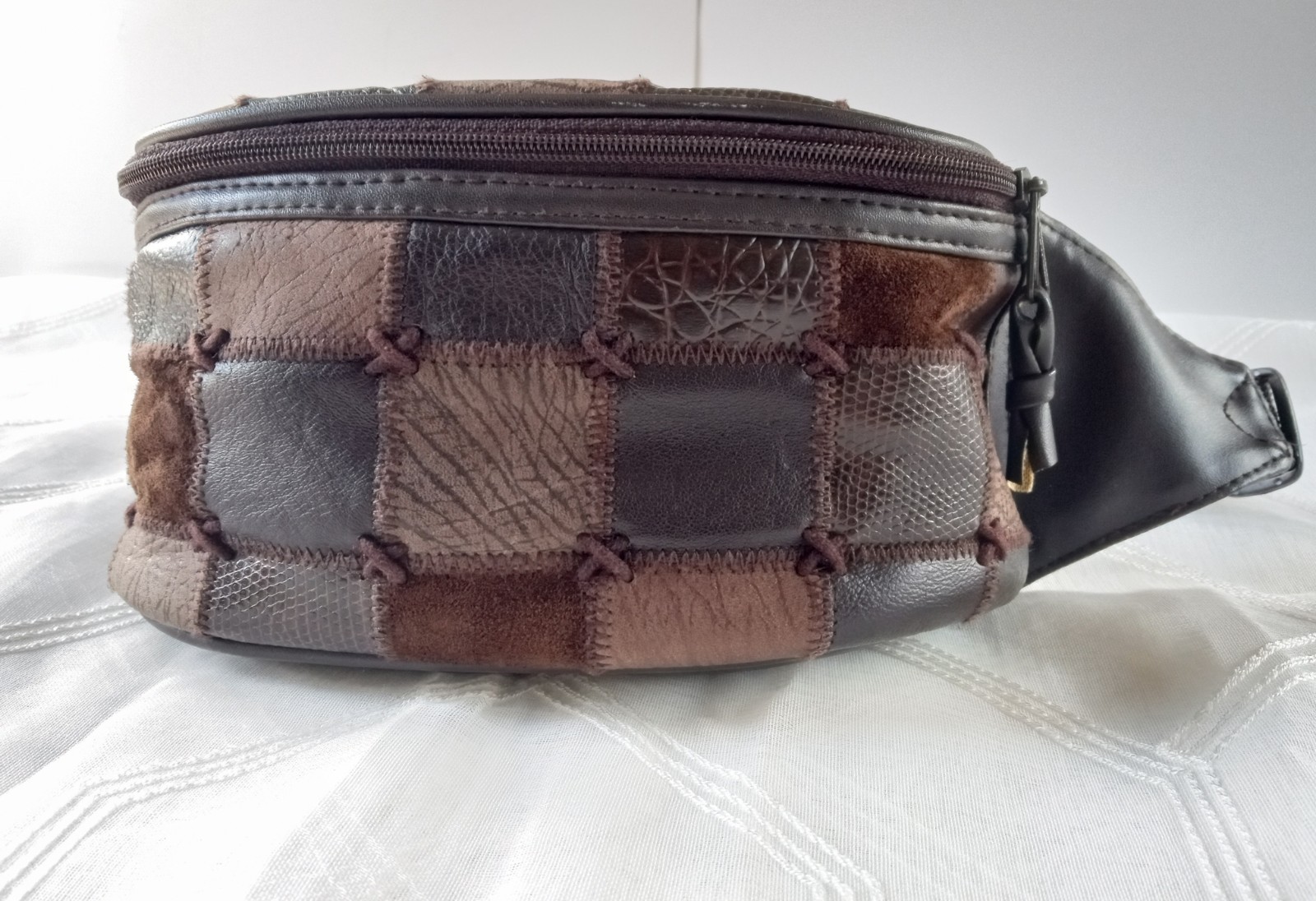 Vintage Brown Genuine Leather Patchwork Belt Bag Fanny Pack W/ Adjustable Strap