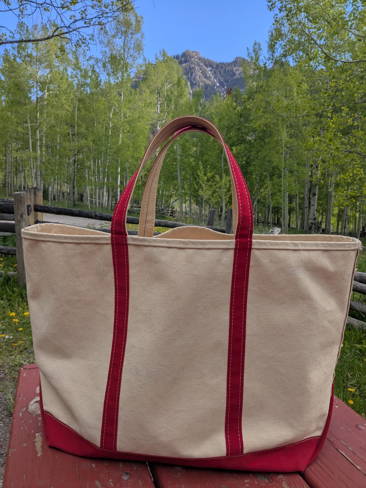 Vintage LL Bean Boat and Tote Bag Large Ivory Red Stiff Canvas Freeport Label LG