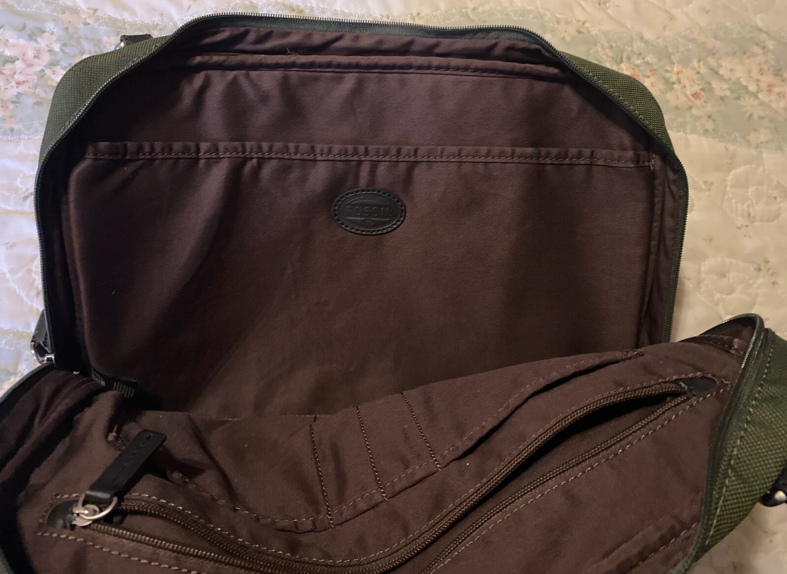 FOSSIL Mercer Army Green Zip Top Work Bag Briefcase Double Handles FLAWS READ