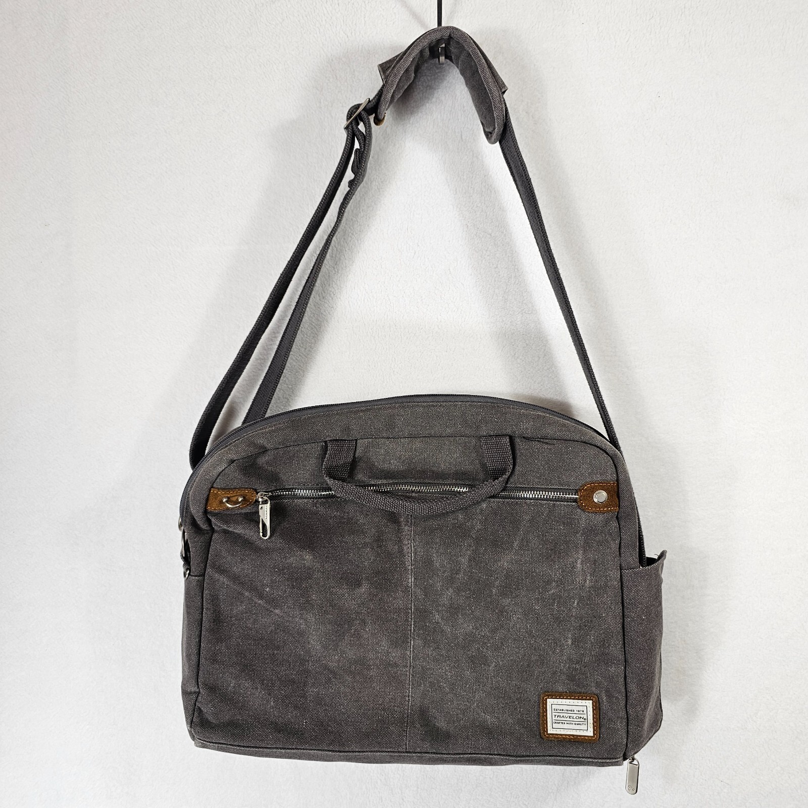 Travelon Anti-Theft Heritage Canvas Messenger Bag Lap Top Case Gray 16x12x3