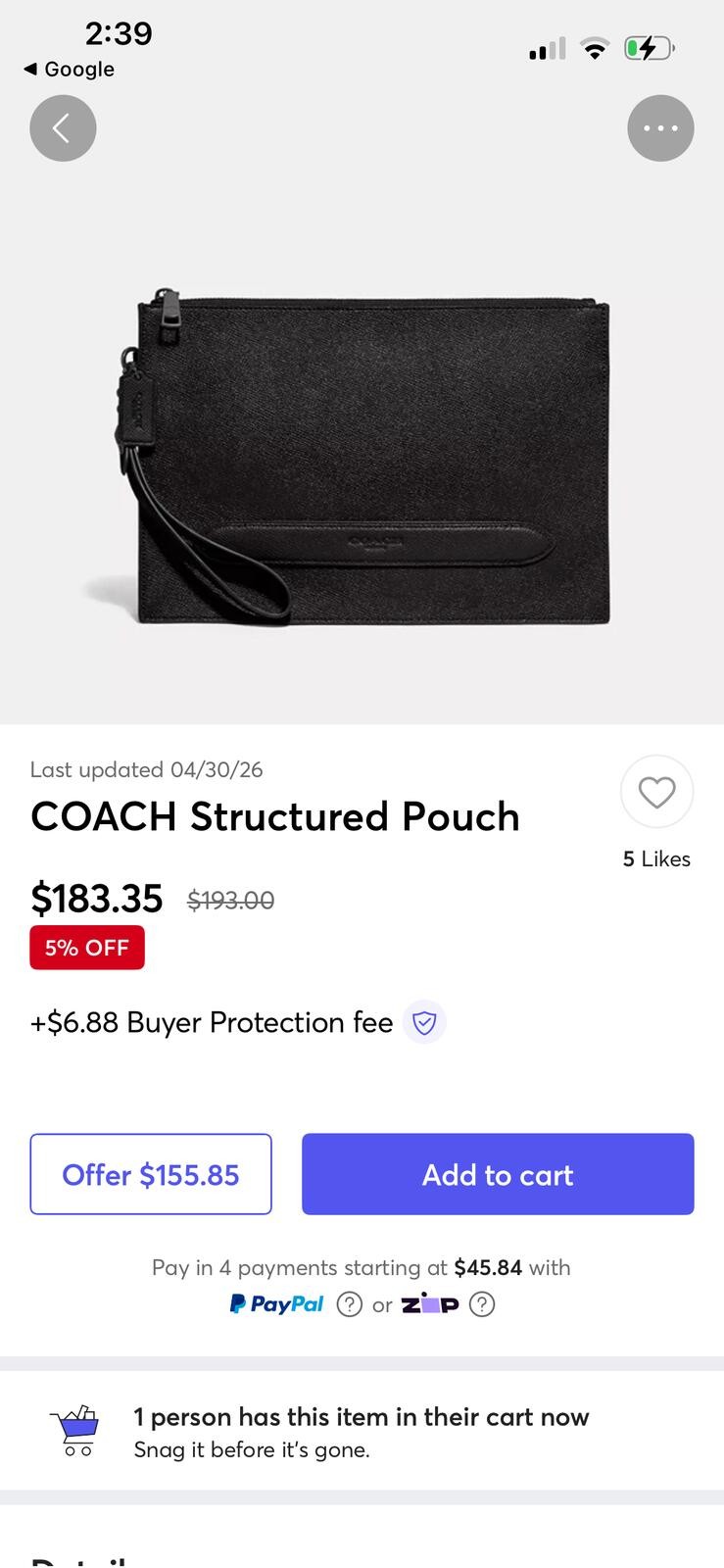COACH Leather Second Bag Black Solid Color f68154 Ipad Men Women Clutch Work