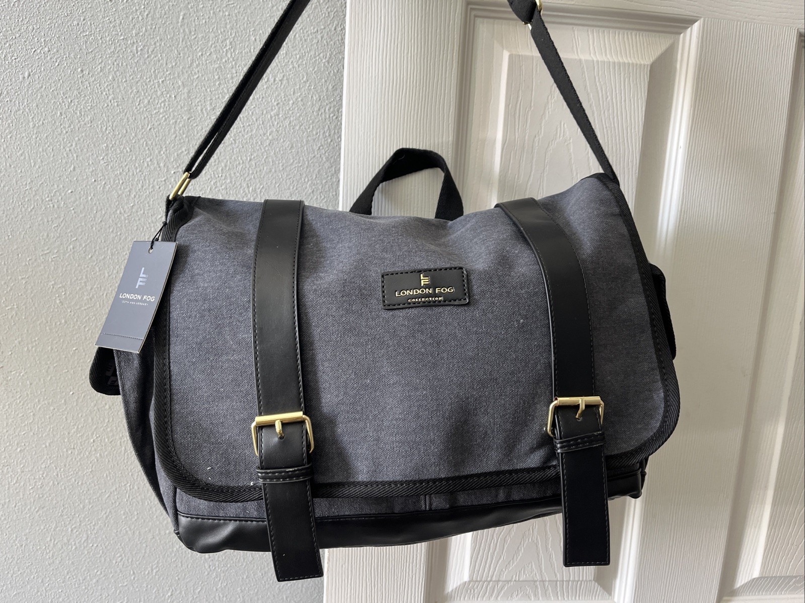 London Fog Messenger Bag Canvas NWTags Grey & Black Shoulder Strap And Handle