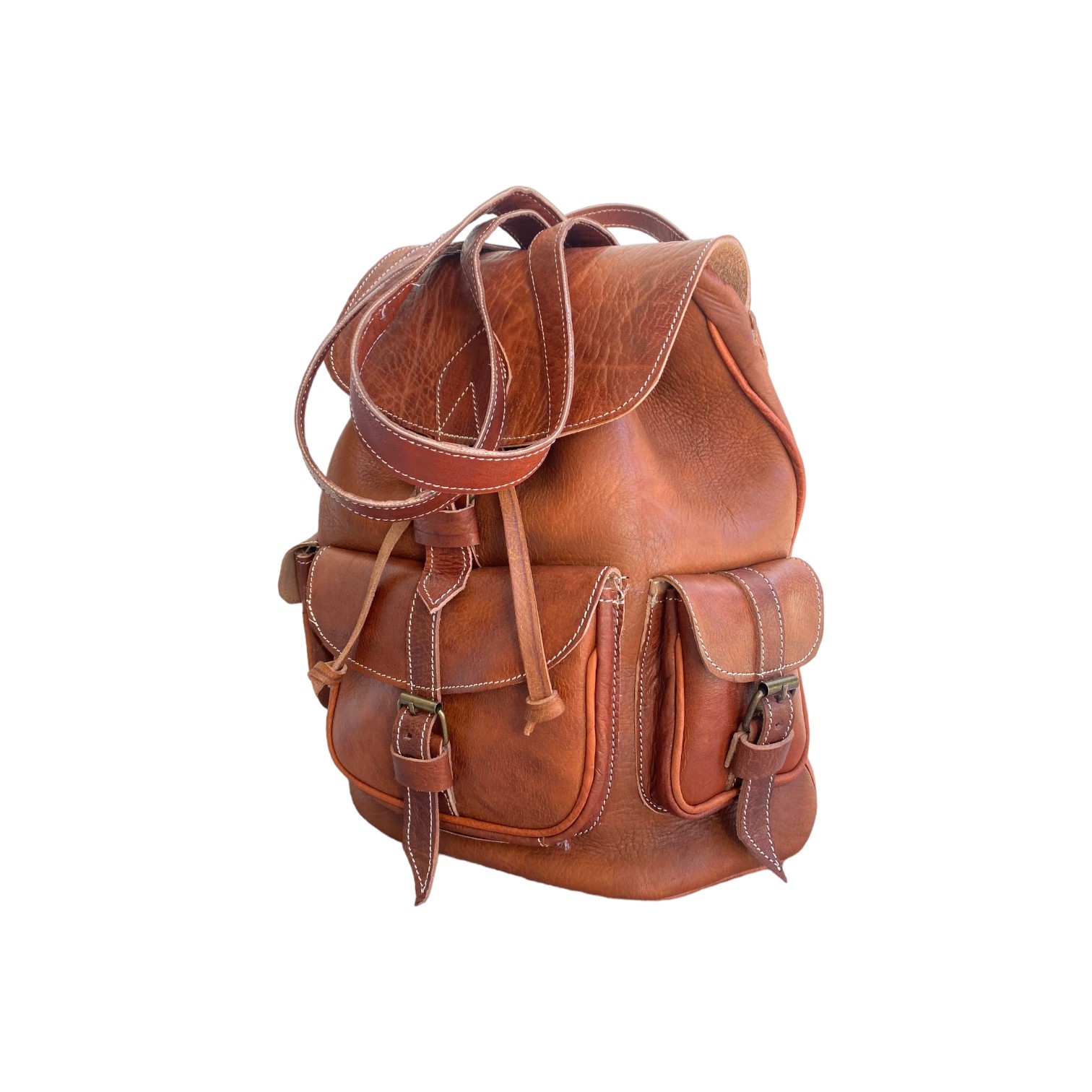 Cognac Leather Backpack Handmade Morocco Belt Buckle Front Back Pocket