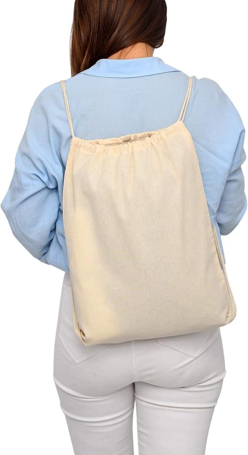 50 Pack Durable Cotton Canvas Drawstring Backpacks – 14″x16″ Natural Color