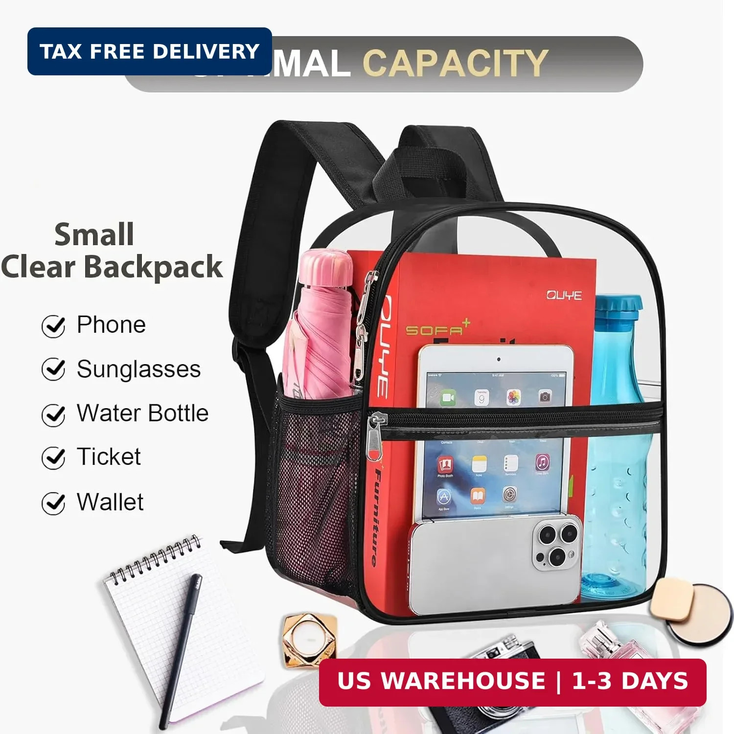 Oraben Clear Backpack Stadium Approved, Clear Bag 12 x 6 x 11 in, Small Transpar