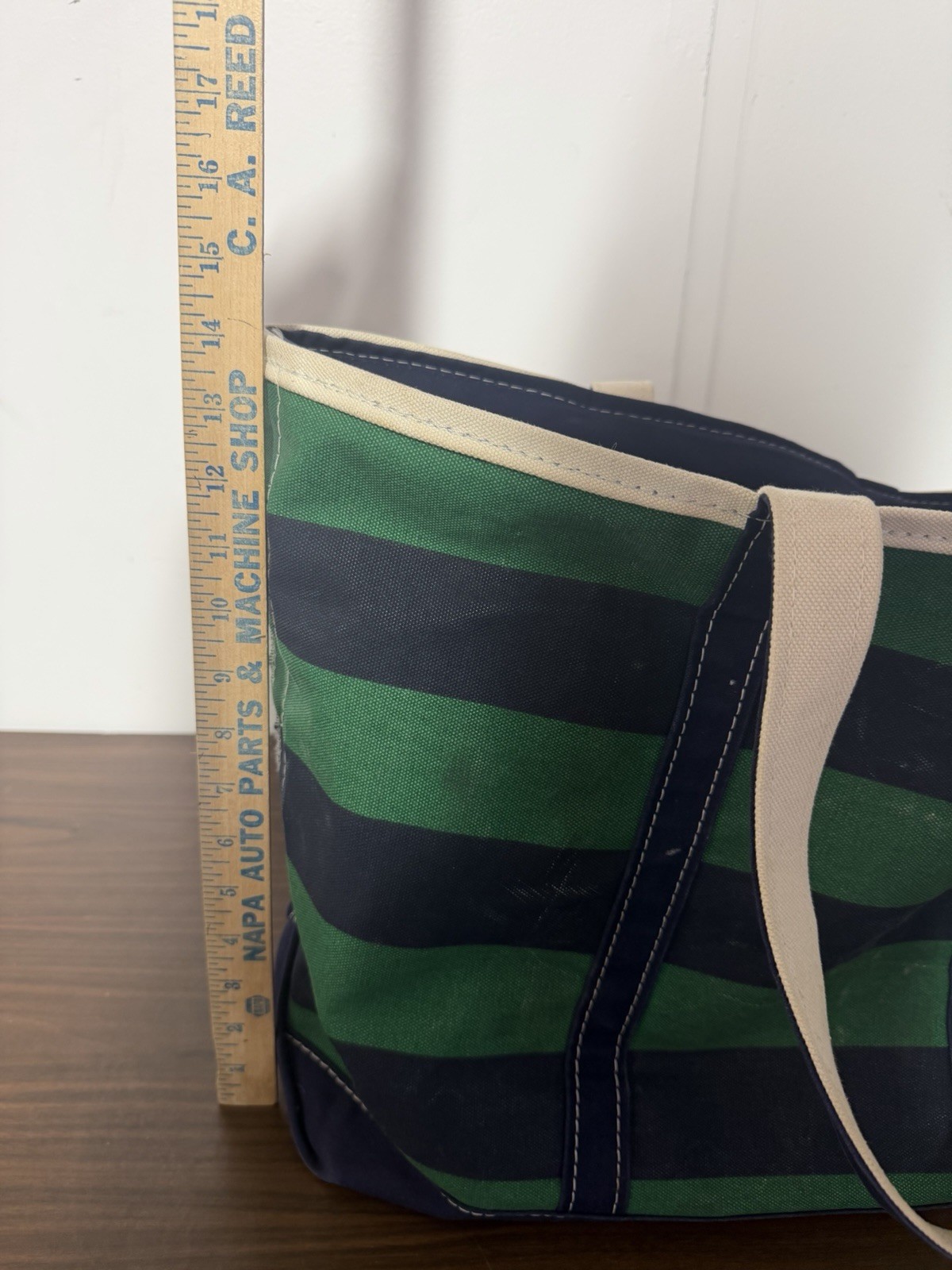 LL Bean Boat and Tote Bag Large Green Navy Striped Canvas Zip Top Vintage Rare