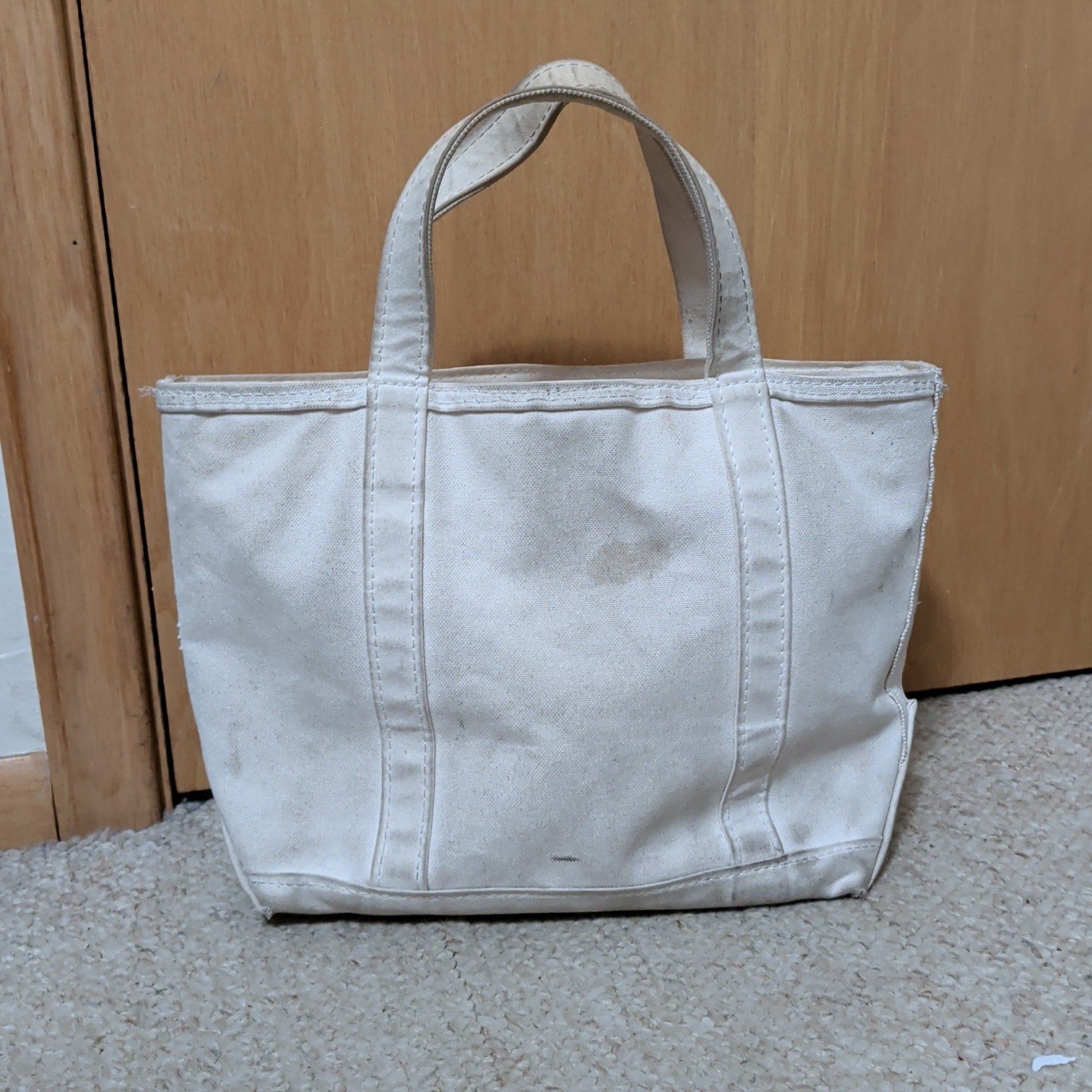 VTG LL Bean Boat and Tote Zip Top Bag White on White Canvas Made in USA Patina