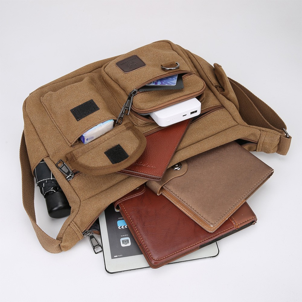 Men’s Canvas Shoulder Crossbody Bag Casual Work Travel Multi-Pocket Satchel
