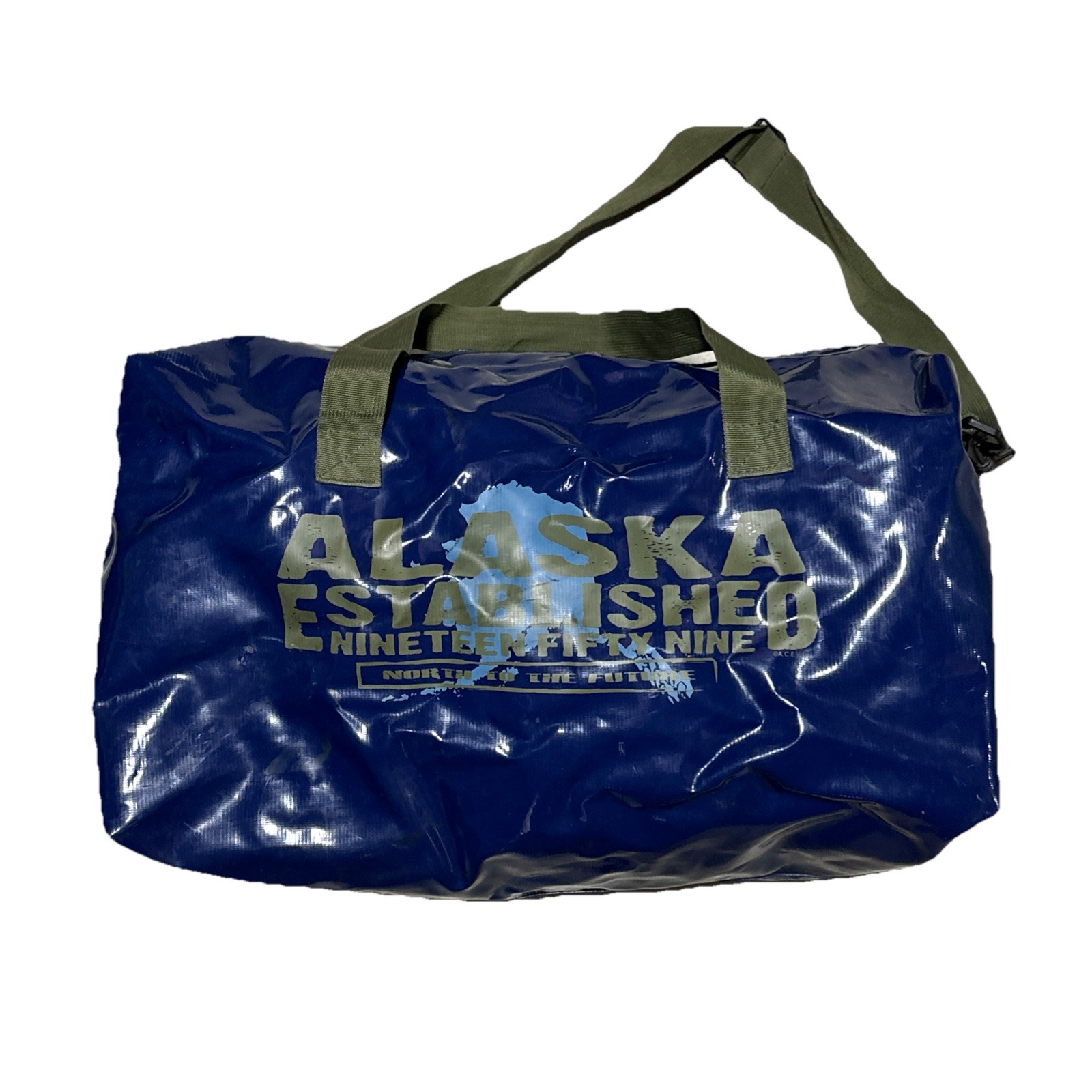 Alaska Expedition Rubber Duffle Bag Blue Zipper Shoulder Strap Water Resistant