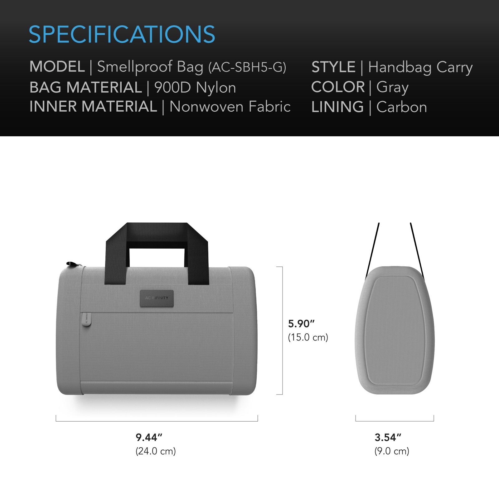 Smell Proof Handbag, Gray, with 900D Nylon Fabric and Carbon Filter Lining