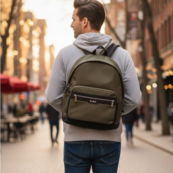 Michael Kors Men’s Malone Adjustable Solid Nylon Backpack Olive NWT