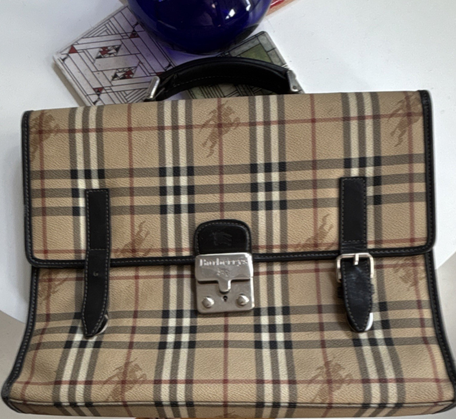 Burberrys Nova Check Briefcase Push Lock Top Handle Men Vintage Beige Black