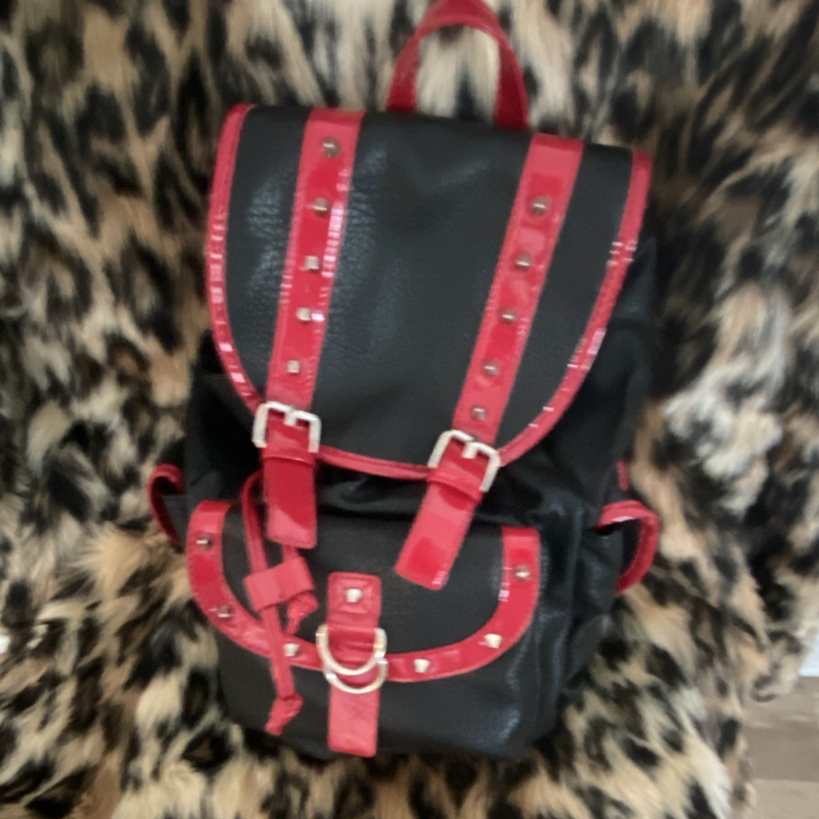 Social Collision Black Red Backpack Buckle Drawstring Adjustable Strap