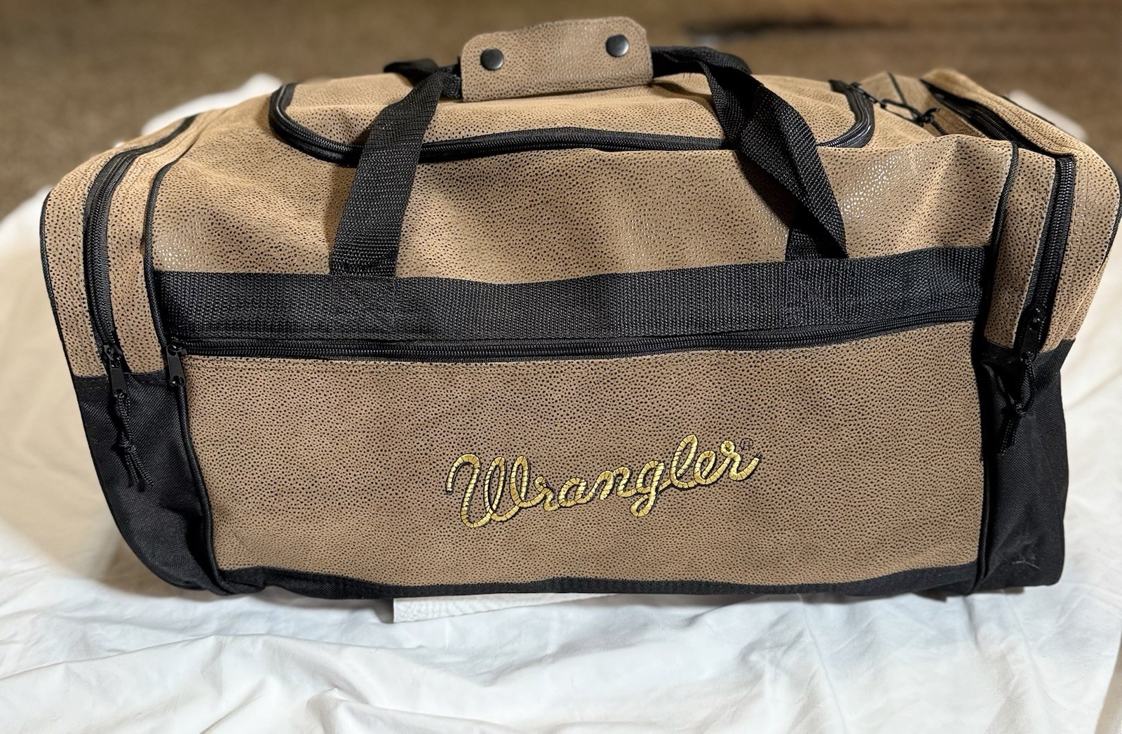 Vintage Wrangler Texas Stampede Western Duffle Bag Tan Black Rodeo Travel Gym