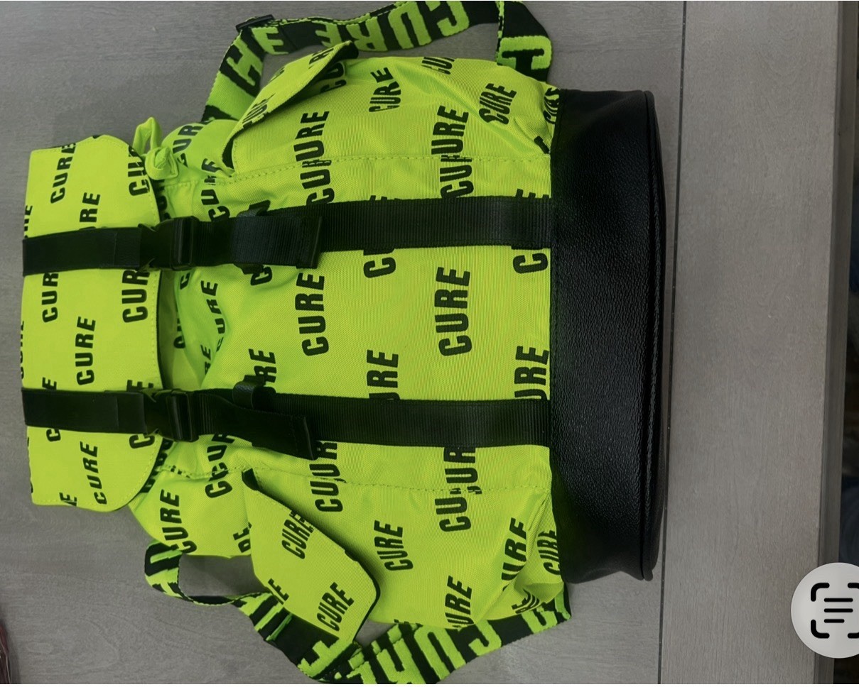 Green/Black CURE Logo Print Backpack Drawstring Buckle Adjustable Straps