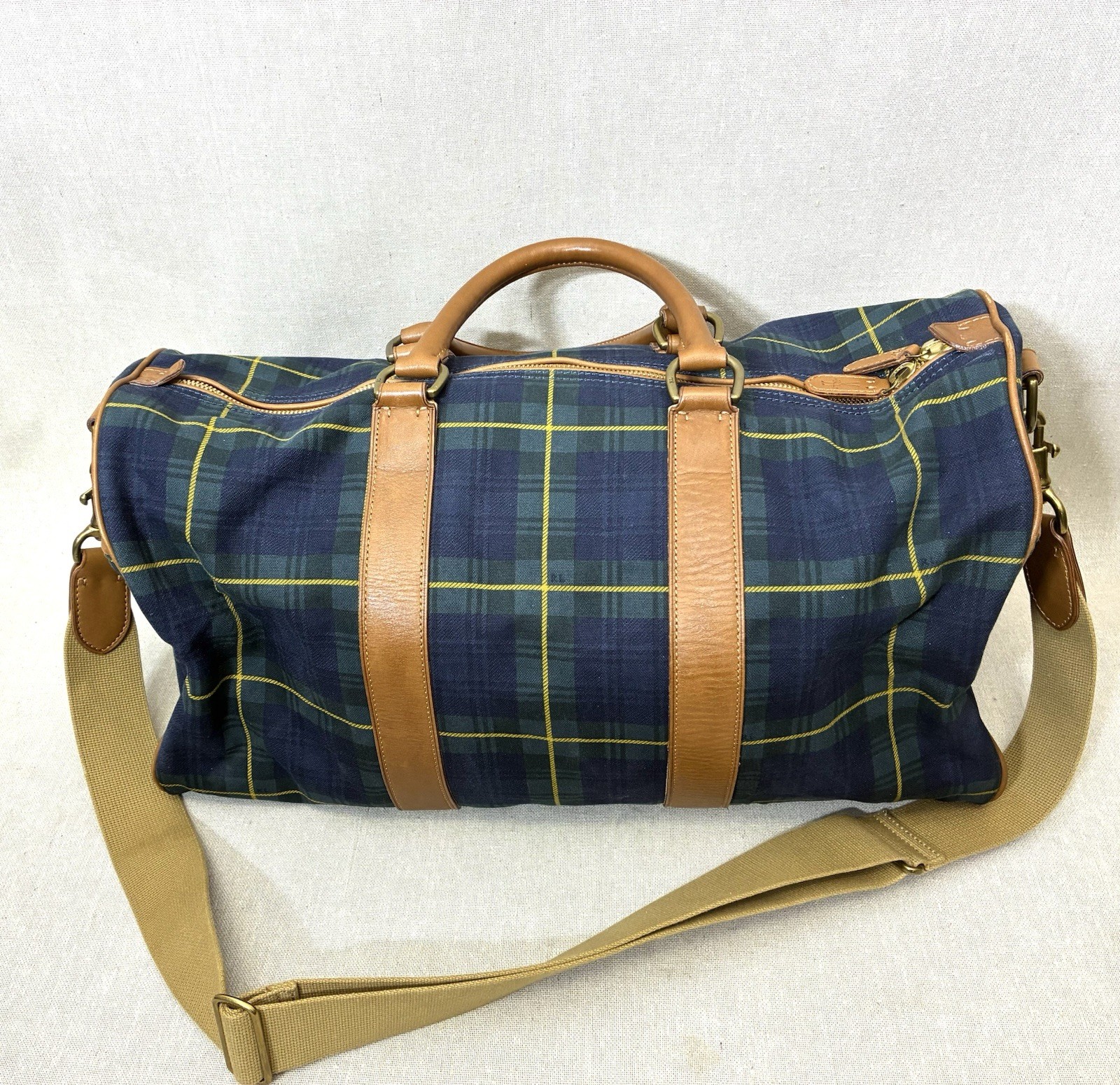 Polo Golf Ralph Lauren Canvas Leather Tartan Duffel Carry On Bag