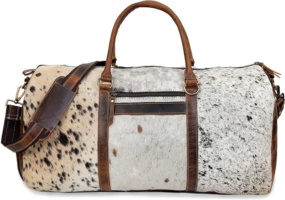 CLA Cowhide & Leather Travel Bag, Hair on Leather Duffel Bag for Men, Leather Du