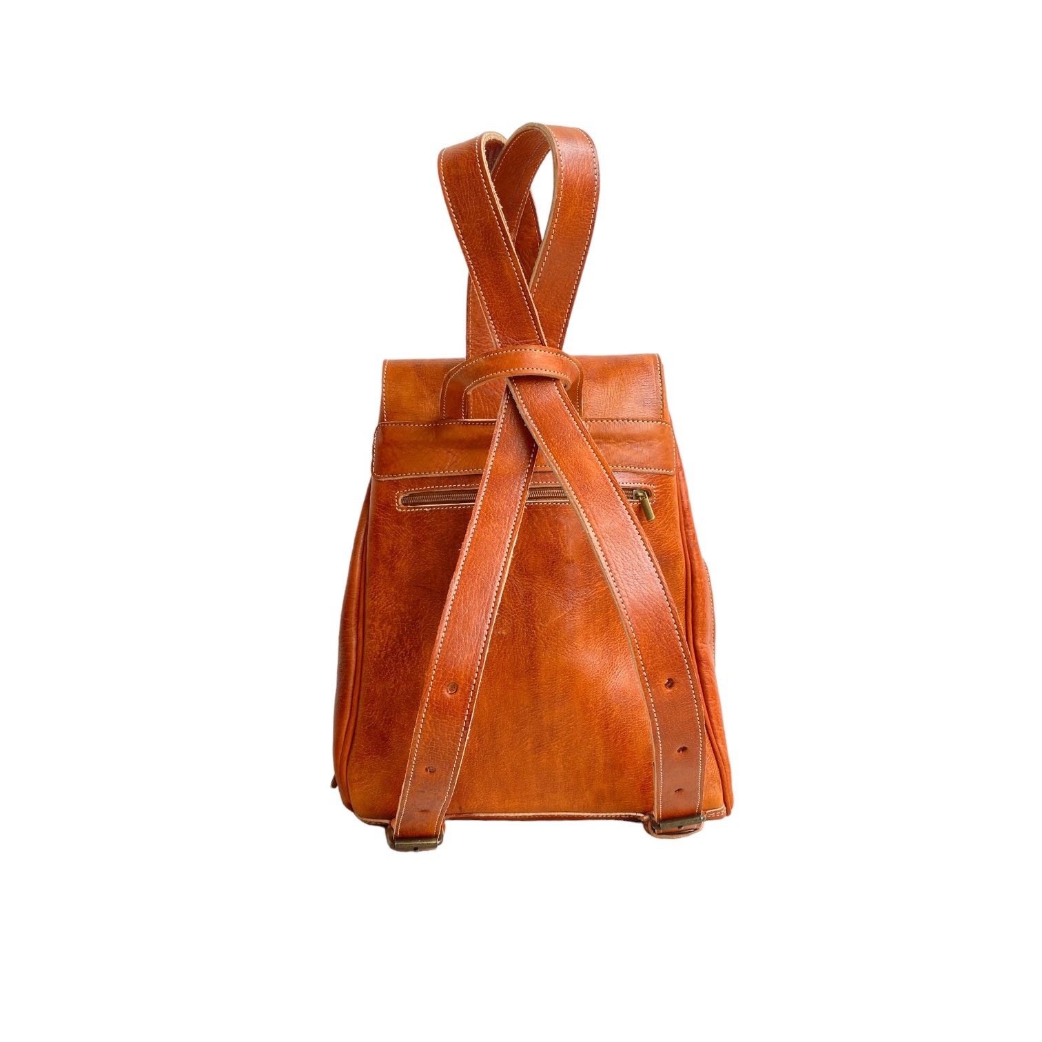 Cognac Leather Backpack Handmade Morocco Button Closure Back Zip Pocket