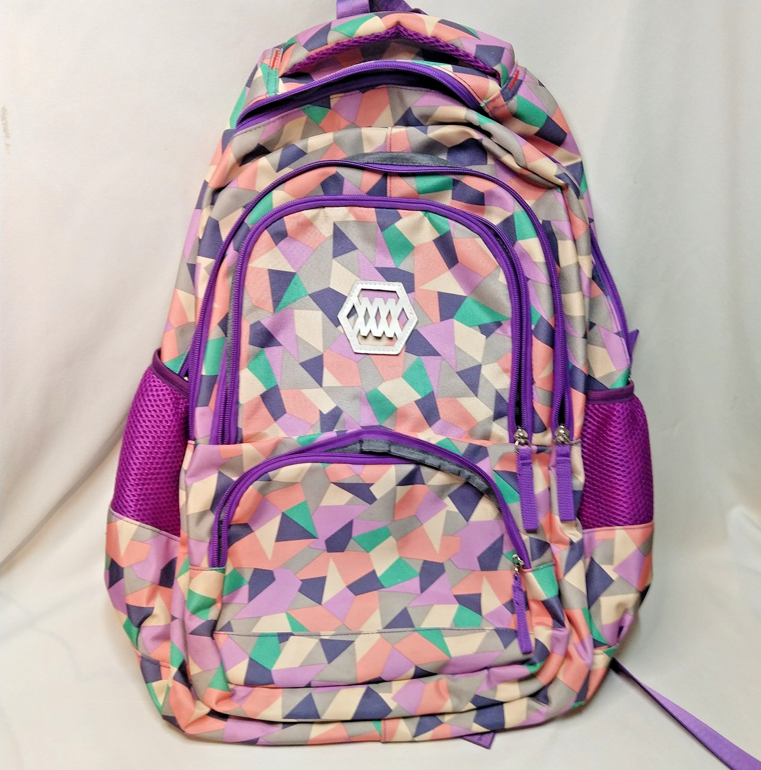 ZIRANU Backpack Geometrical Pattern Pink Purple & Pastel Colors Four Pockets