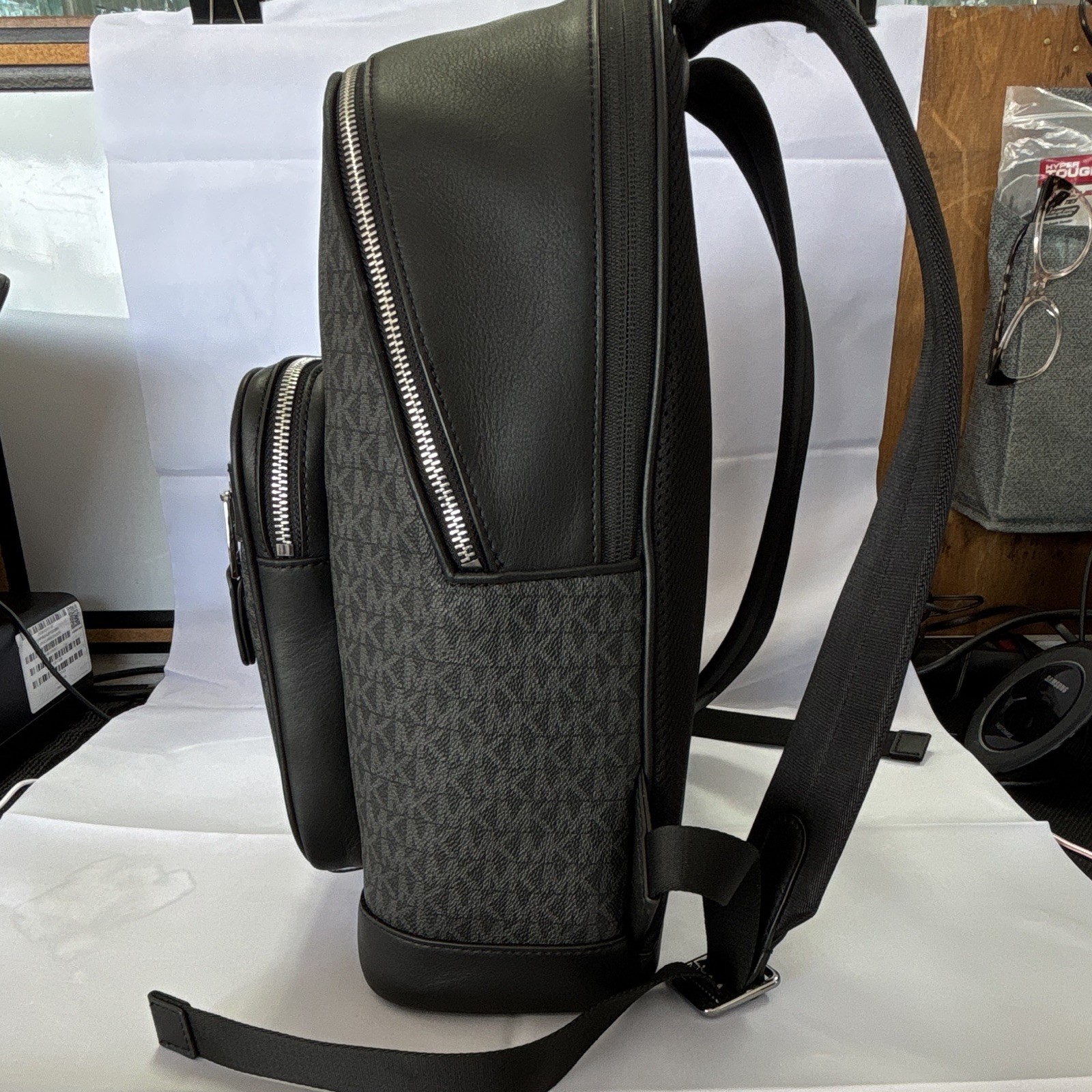 Michael Kors Men’s Monogram Backpack Black Red White Stripe Zip Pockets
