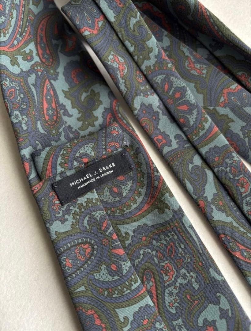 Michael J. Drake Silk Paisley Tie Blue Gray Green Handmade England USED item