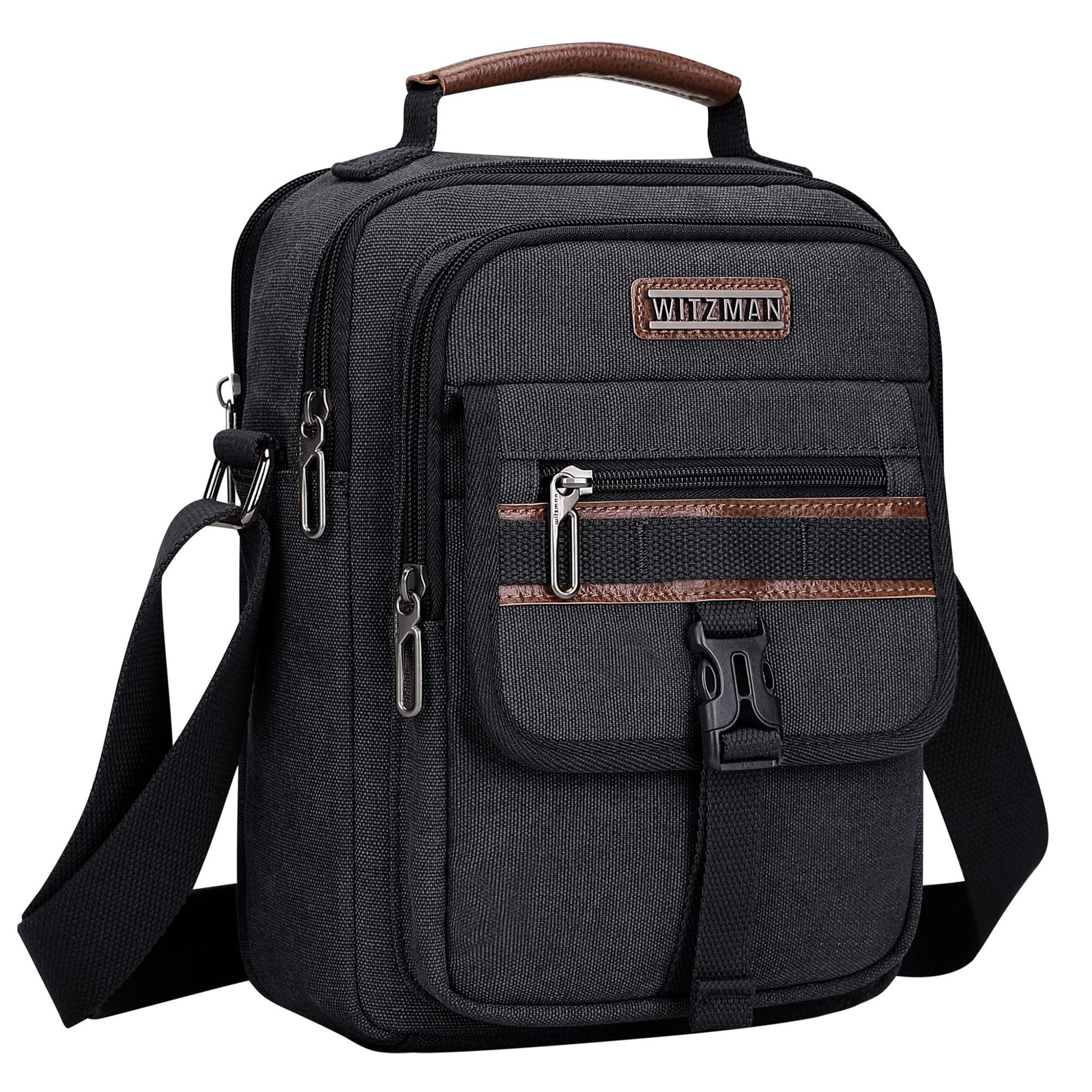 WITZMAN Crossbody Bag for Men Canvas 20.32 cm x 27.94 x 12.19 cm, Black