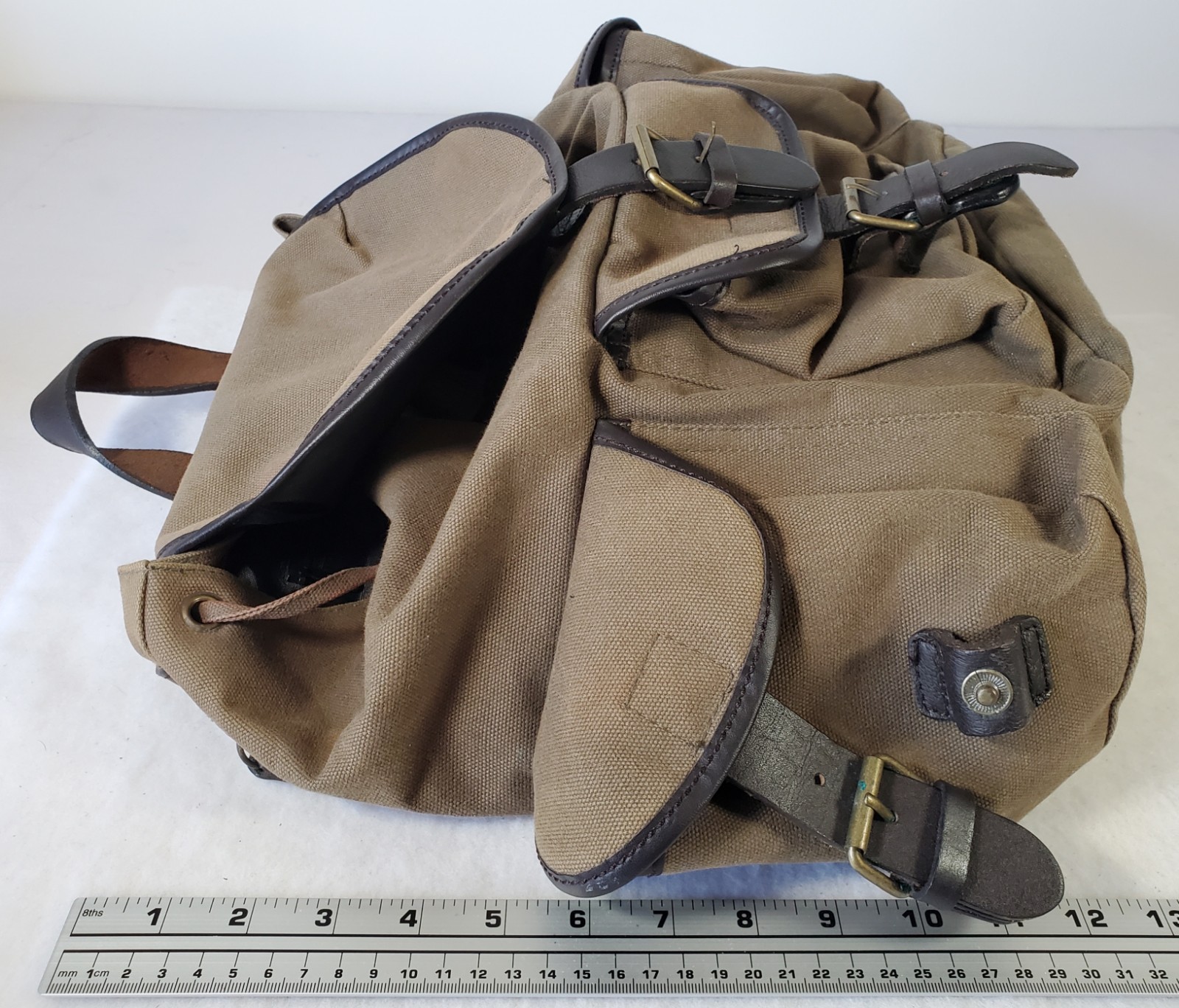 GAP Canvas Military Backpack Leather Straps Snap Pockets Drawstring/ Zipper READ