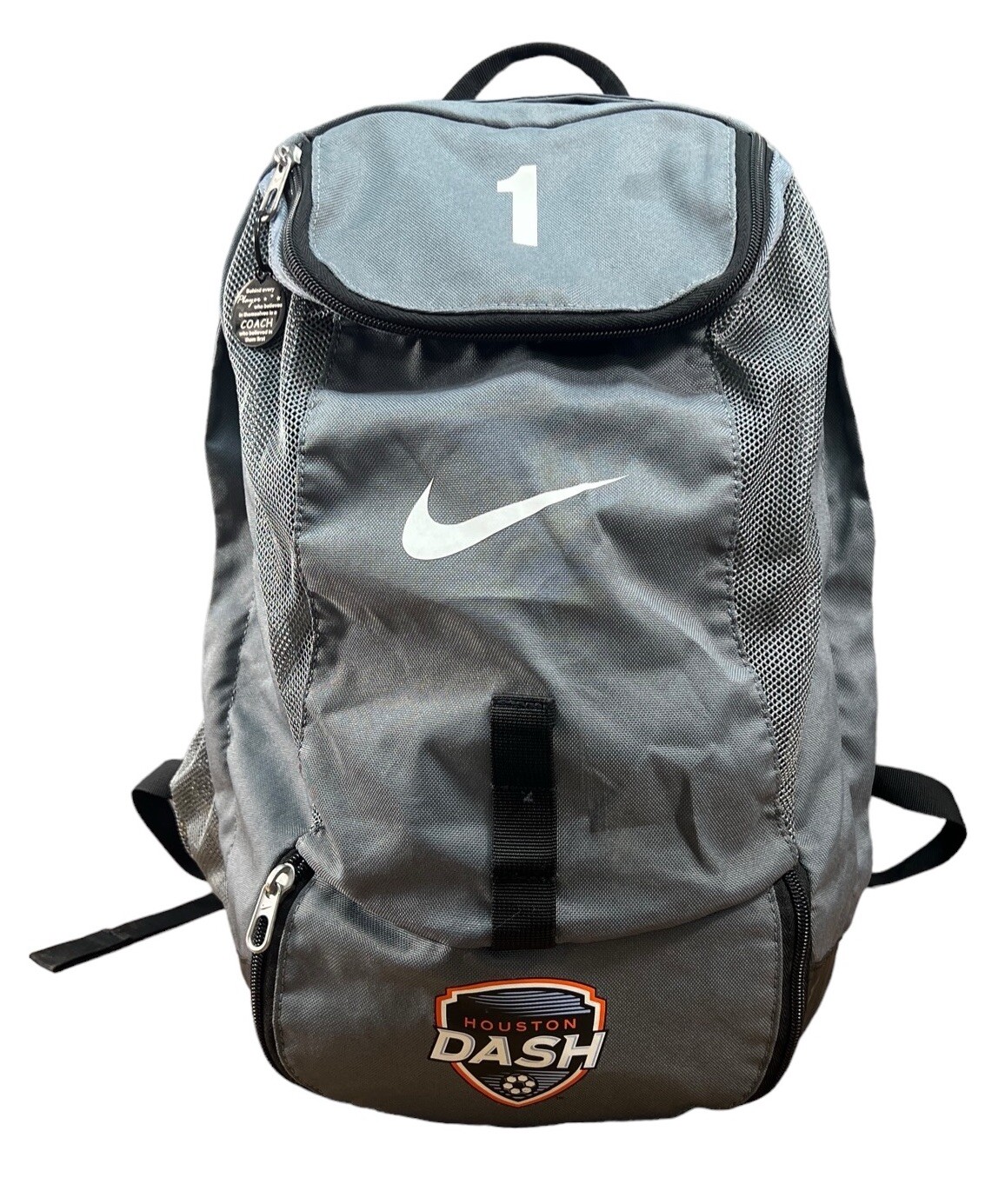 Nike Soccer Gray Canvas Soft Backpack Houston Dash logo
