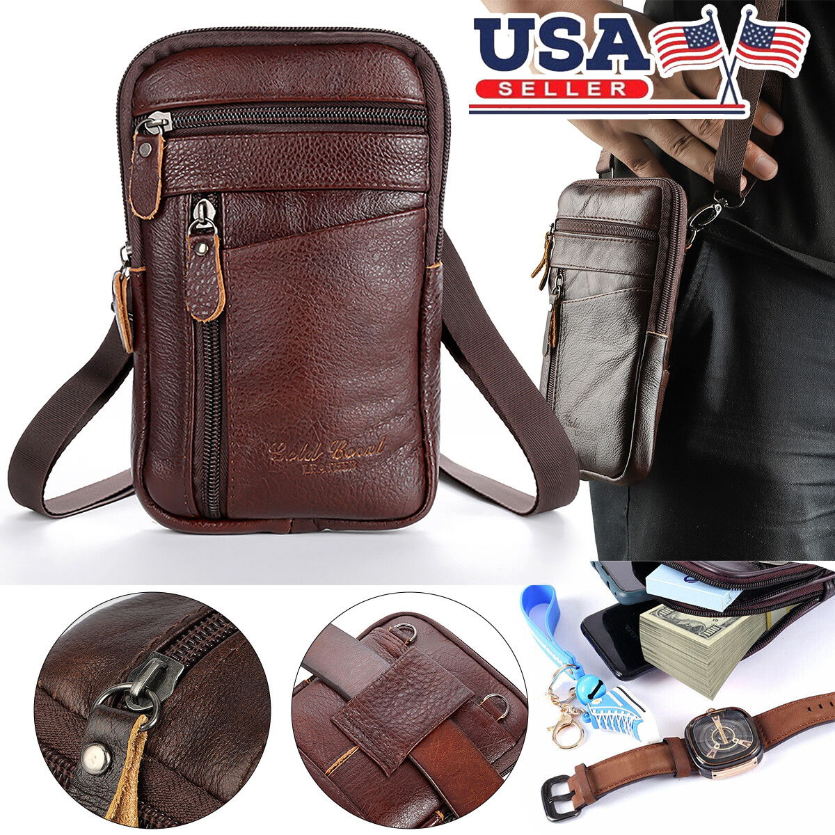 Men Leather Fashion Phone Pouch Belt Bag Shoulder Crossbody Waist Pack Handbag